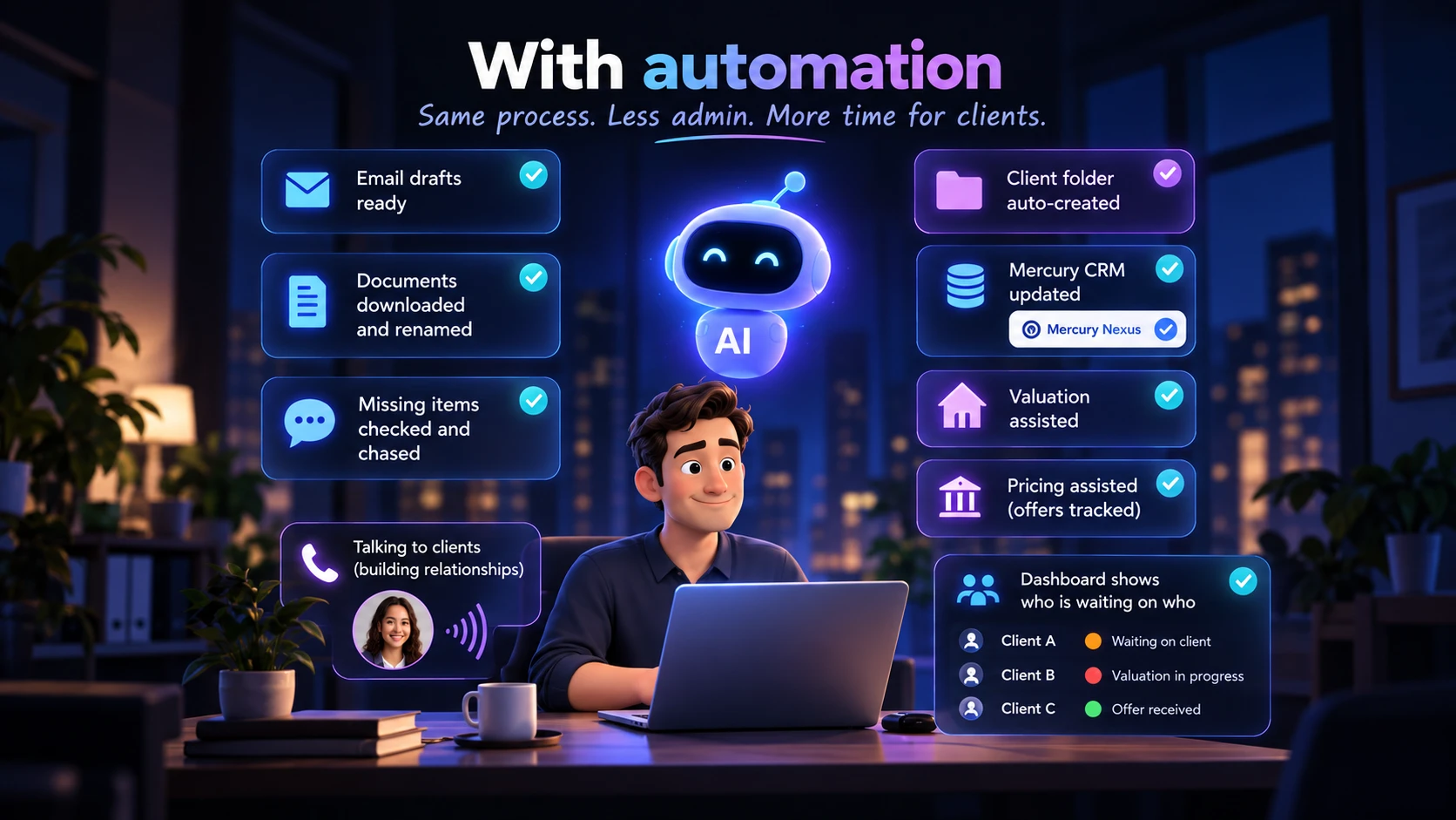 With automation: an AI agent handles email drafts, documents, missing items, client folders and Mercury CRM, and assists with valuations and bank pricing — the broker signs in, it fills the forms and tracks them — while the broker talks to clients
