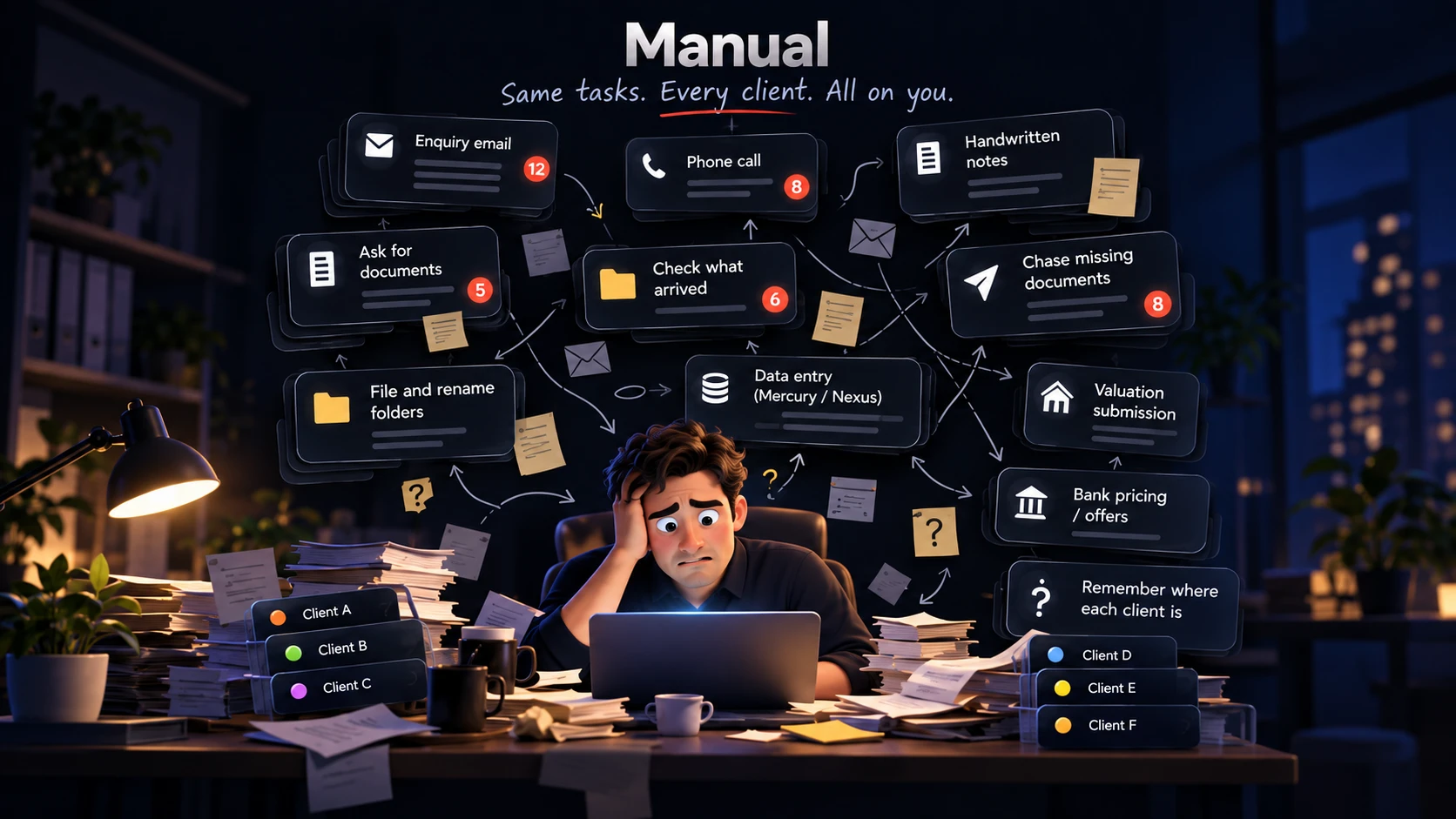 Manual: a broker buried under every task — enquiry emails, phone calls, handwritten notes, chasing documents, filing, data entry, valuations and bank pricing